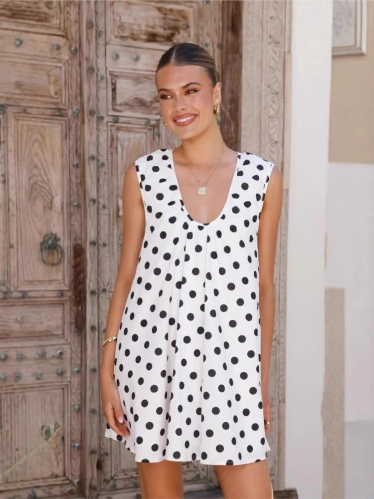 

Summer Simple Polka Dots Print Mini Dresses Women Fashion Loose Sleeveless Short Dress U Collar Vacation Style Dress Vestidos