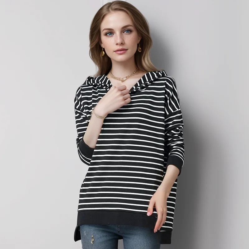 Plus Size 5XL 150KG Autumn Hooded T Shirt Long Sleeve Women Striped T Shirt Large Size Odzież damska Casual Female Big Tops