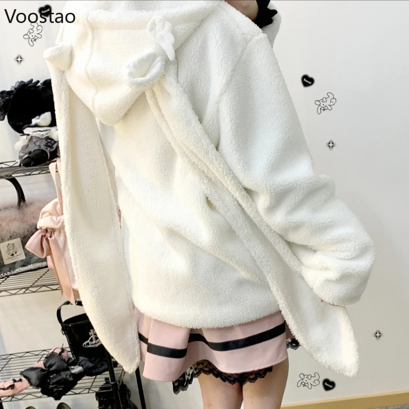 Autumn Winter Women Sweet Warm Jacket Y2k Cute Lambswool Embroidery Bunny Ears Hooded Coats Girls Parkas Outwear Zipper Hoodies