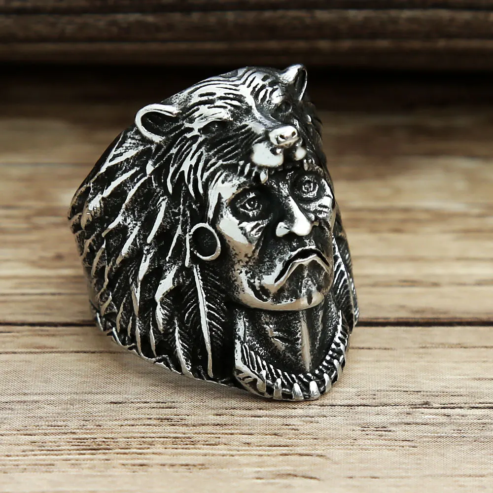 Unique Vintage Indian Warrior Biker Ring For Men 316L Stainless Steel Viking Wolf Head Rings Punk Fashion Jewelry Gift Wholesale