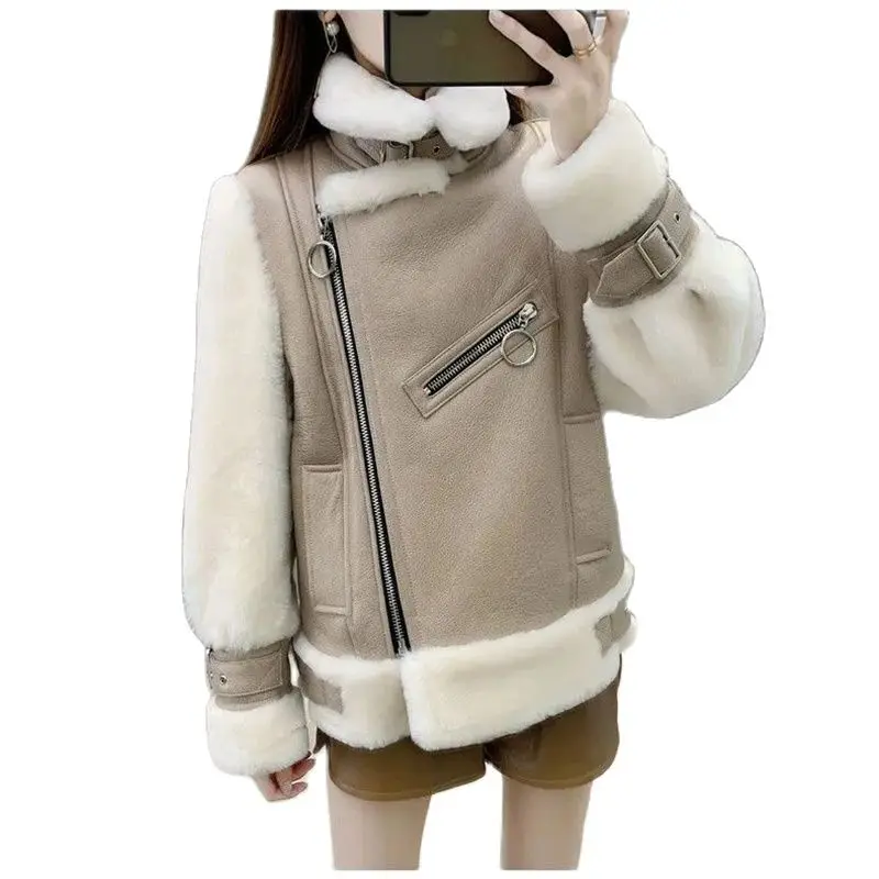 

Autumn Winter New Jacket Women's Lamb Leather One Coat Temperament Overcoat PU Ladies Outwear Thick Warm Motorcycle Zipper Coat