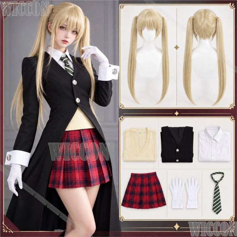 Youk # Disfraz de Maka Albarn, inspirado en el anime Soul Eater, con vestido, camisa, chaleco, falda, abrigo largo negro y peluca marrón, para mujer, ideal para fiestas de Halloween.