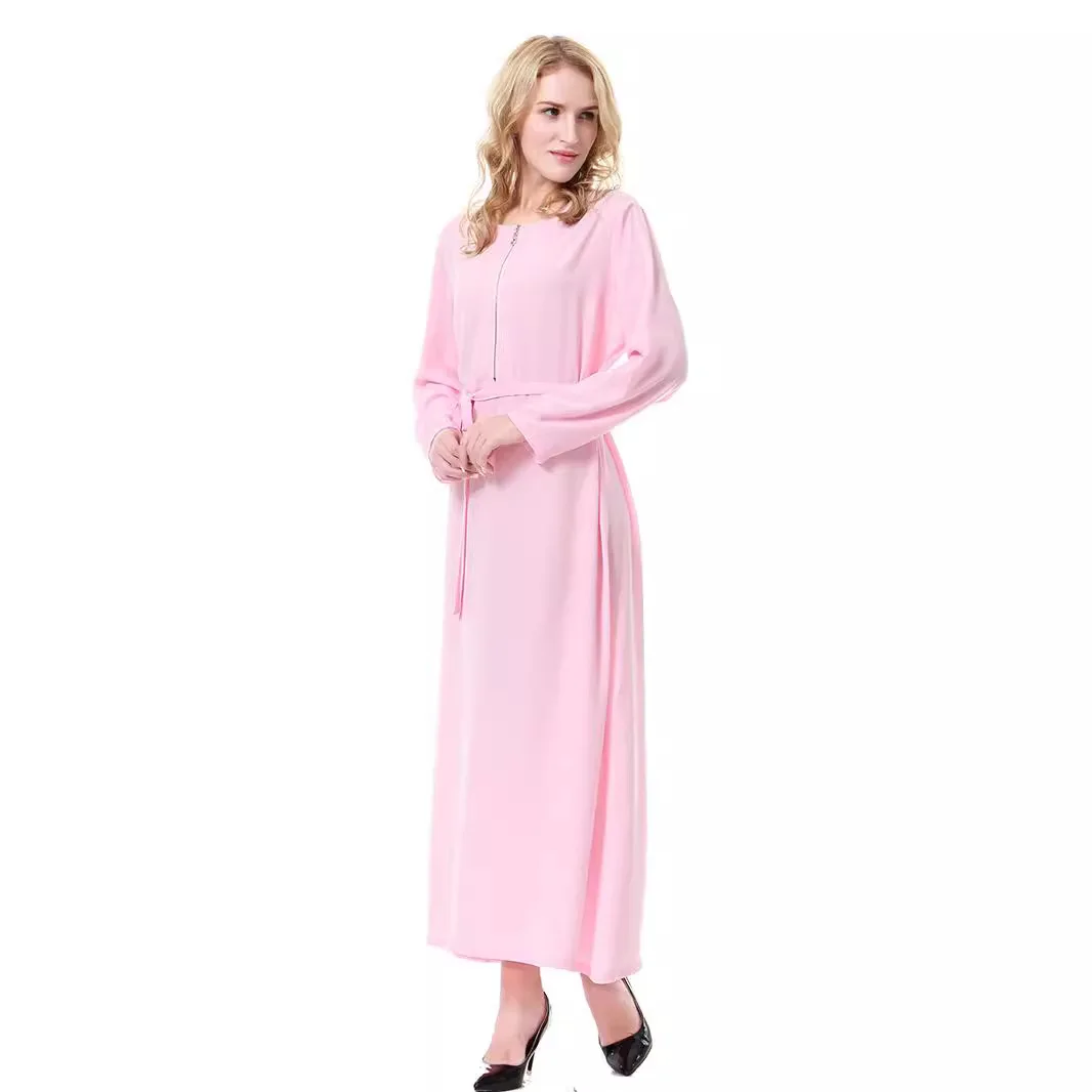 Women's Solid Color Casual Trendy Long Sleeve O-neck Zipper Sashes Ankle Length Dresses Female Clothes Arab Muslim New Fashion