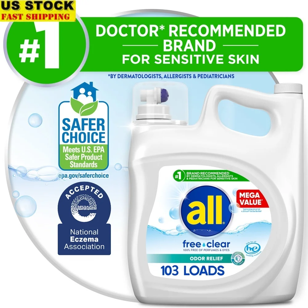 

Free Clear Liquid Laundry Detergent Odor Relief 184.5 oz 103 Loads Unscented Safe Sensitive Skin High Efficiency