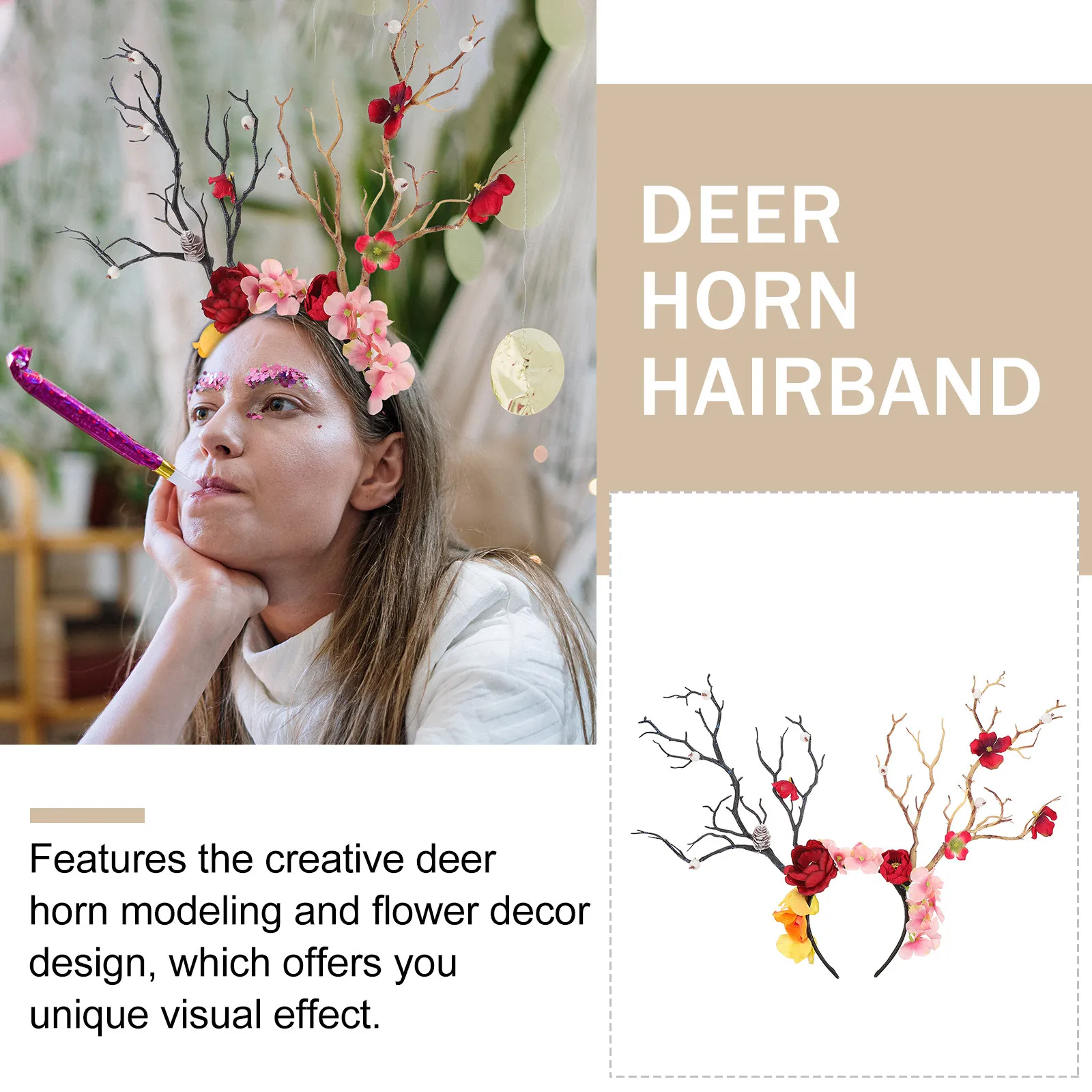 

1Pcs Deer Horn Shaped Hairband Flower Festival Party Headdress Costume Decorative Headwear Deer Horn Hairband Festival Prop