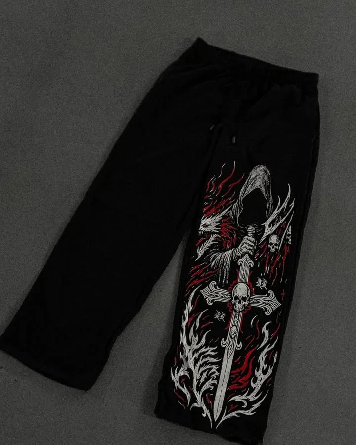 High Street Fashion Casual Skull Cross Pattern Men Wide-Leg Pants American Harajuku Dark Style Pants Trendy Baggy Sport Pants