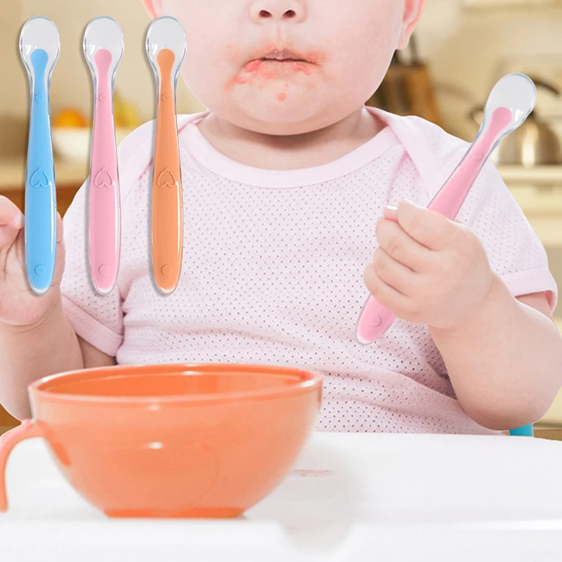 

Цельные тренировочные ложки для кормления, детские силиконовые мягкие ложки для детей, младенцев, датчики температуры