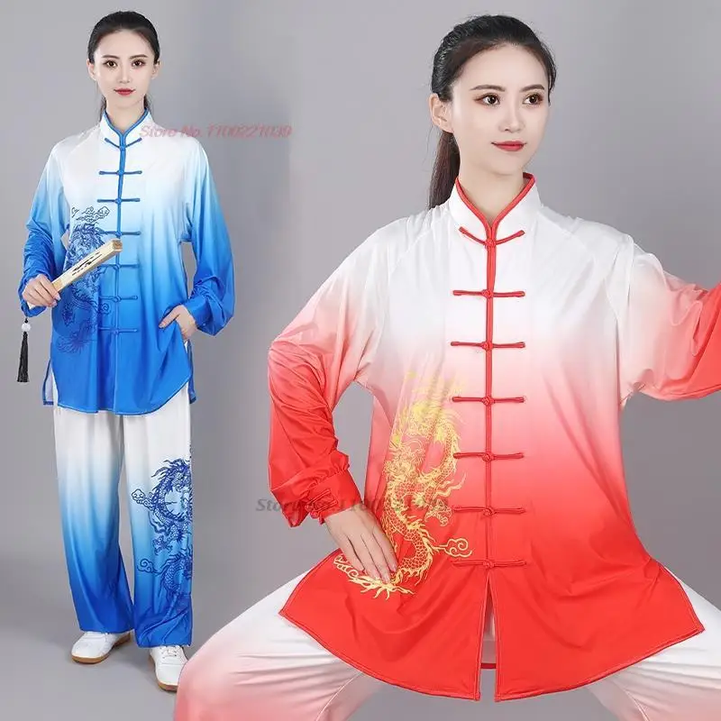 2024 chinese vintage kung fu tai chi clothing martial arts taijiquan wushu uniform gradient color dragon print tops+pants set