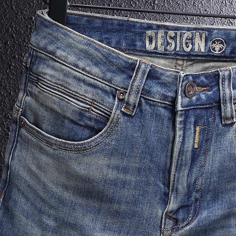 Fashionable Street Wear Men's Jeans Split Vintage Blue Elastic Slim Fit Jeans Men's Pants Patch Designer Vintage Denim Pants Hom