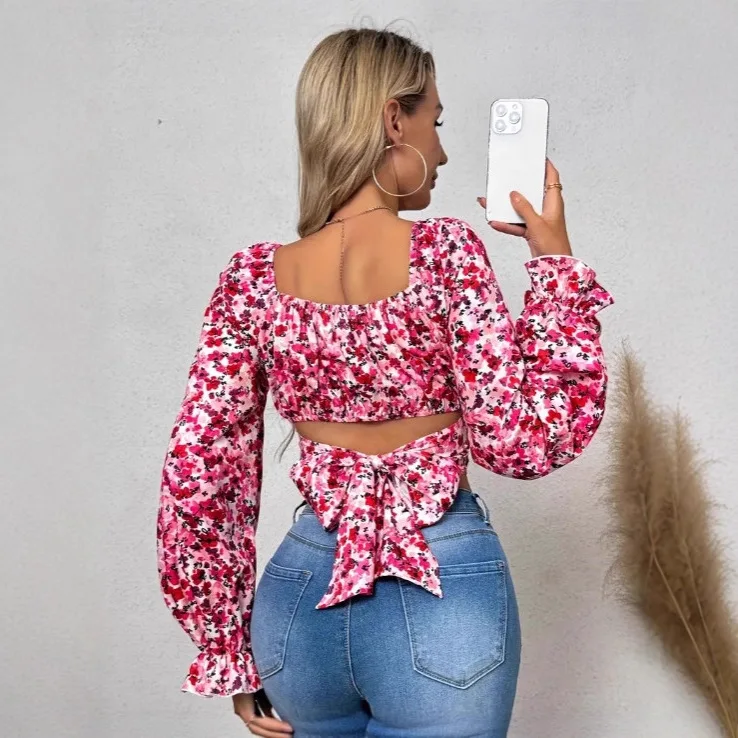 

2025 Sexy Off-Shoulder Strapless Lantern Sleeve Printed Tie Top