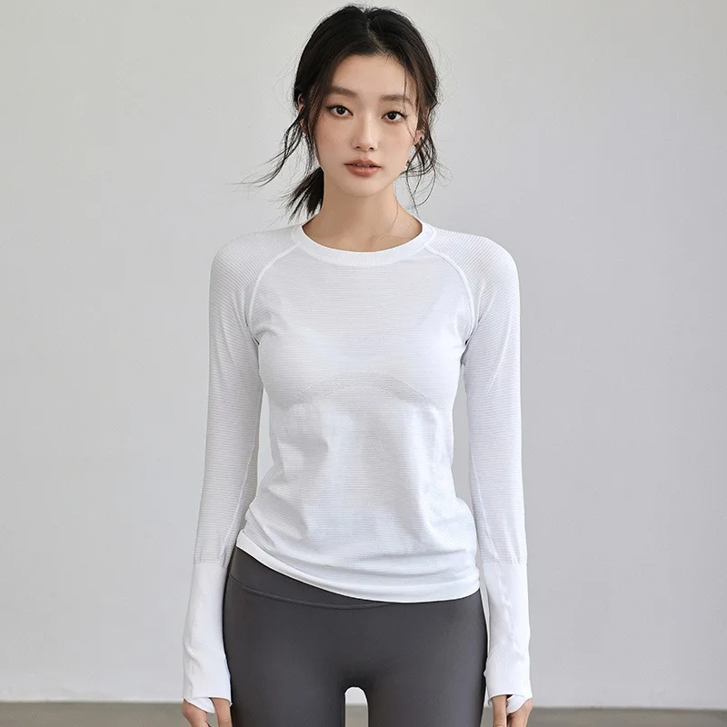Women's Autumn & Winter Yoga Training Top, High Stretch Slim Fit Crew Neck, Quick-Dry Long Sleeve Sports Fitness Shirt