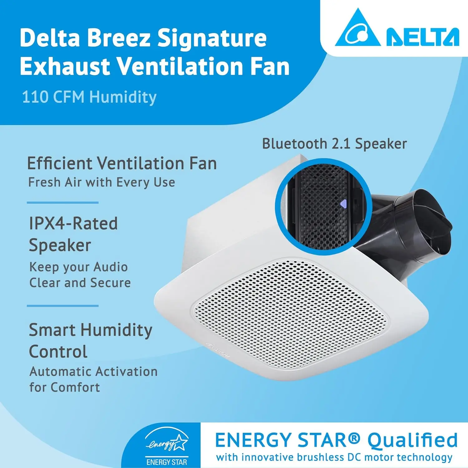 BreezSignature VFB25ADBT 110 CFM Bath Exhaust Fan with Bluetooth Stereo Speaker, 14.2W, 1.0 Sone