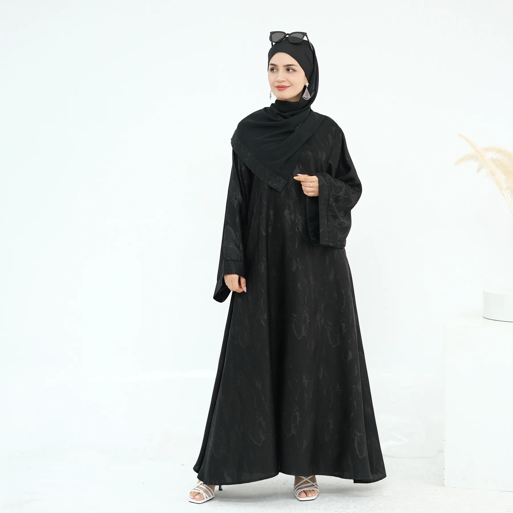 Mode musulmane 2 pièces robe écharpe ensemble femmes lisse Jacquard caftan robe grande taille Abaya Hijab ensembles musulman islamique vêtements costume