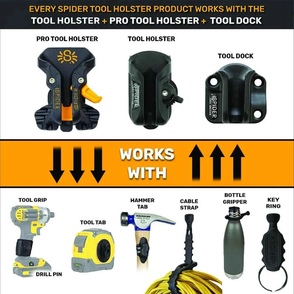 Spider Pro Tool Holster Kit II - Upgraded, Self Locking, Quick Draw Universal Tool Holder with Drill Pin and Tool Grip