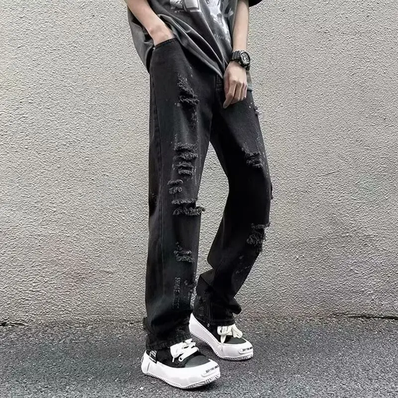 Herren Slim Fit Zerrissene Jeans Sommer Dünn Atmungsaktiv Modische Männliche Gerade Denim-Hose Amerikanischer Stil Streetwear Vielseitige Hose