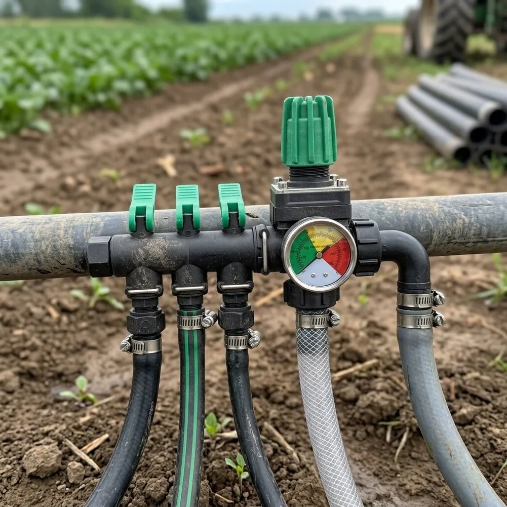 Water Distribution Manifold 3 Way Water Splitter Abs Plastic Construction Individual Shut-off Valves Built-in Pressure Gauge