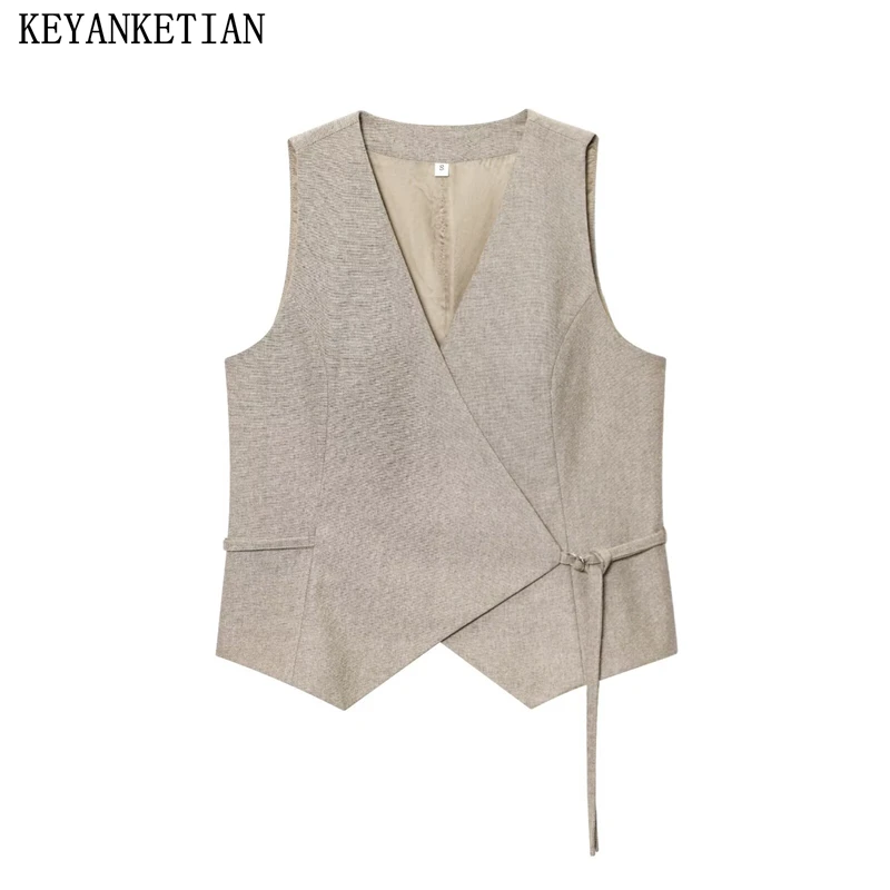 

KEYANKETIAN 2025 Summer New Women's cross-V-neck Short vest Office Lady Chic Asymmetrical Lace Up Slim Sleeveless Top Camisole