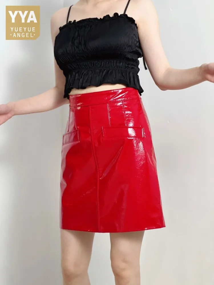 Sexy Ladies Red Patent Leather High Waist Slim Fit Wrap Skirt Women New Fashion OL A Line Sheepskin Genuine Leather Mini Skirts