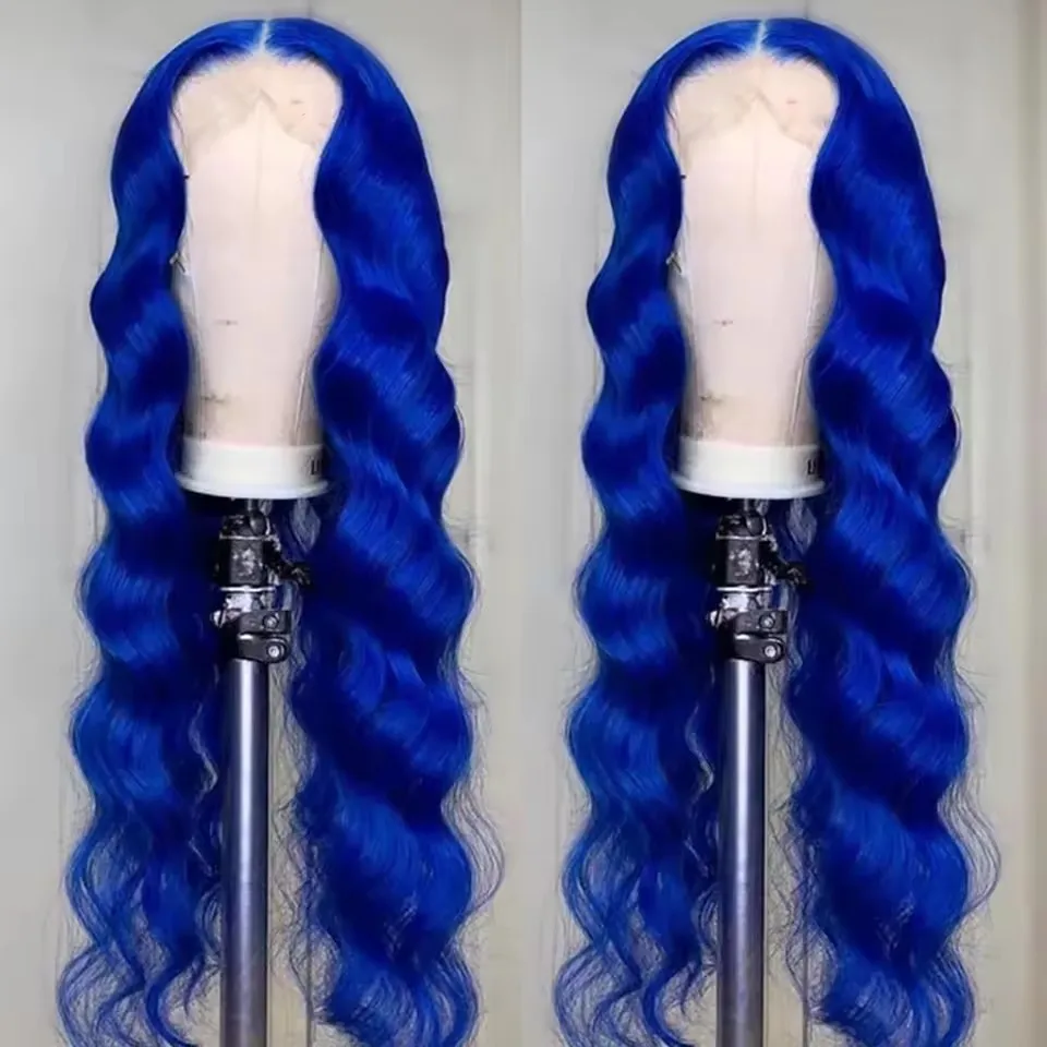 QW Synthetic Hair Blue Deep Wave Soft 13X4 Lace Front Wig For Women Hair Heat Resistant Fiber Cosplay  Daily