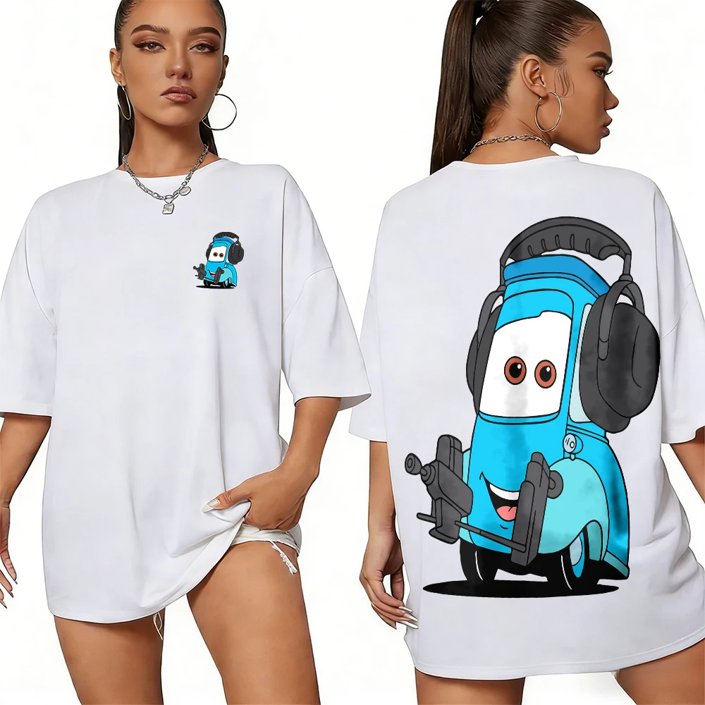 

Disney Summer Car Show Guido Wearing Headphones Trend Image 100% Cotton Printed T-shirt Men's Casual Breathable Top Y2k