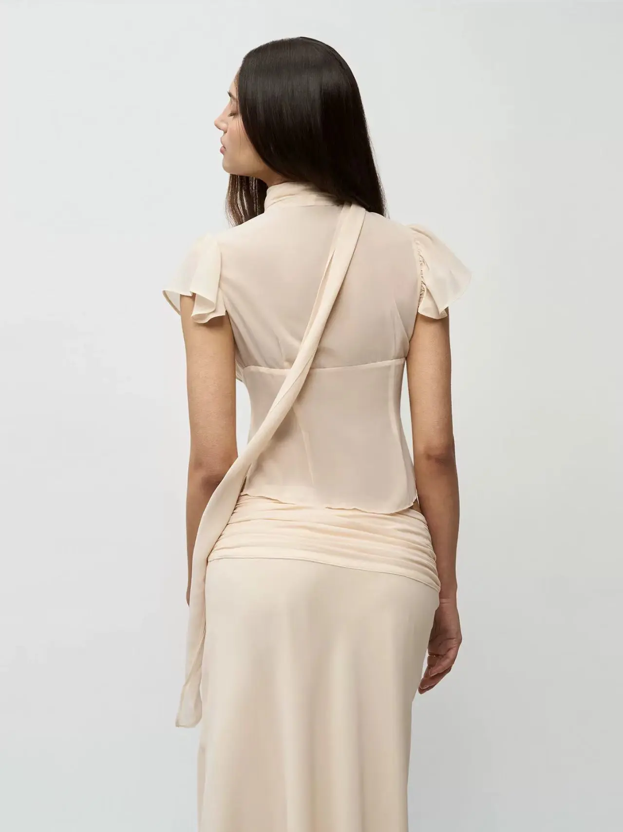 Guiz Apricot Silk Scarf Ribbon Chiffon Shirt Semi-Transparent High-Waist Waist-Cinching Top Low-Waist Pleated Skirt - Image 5