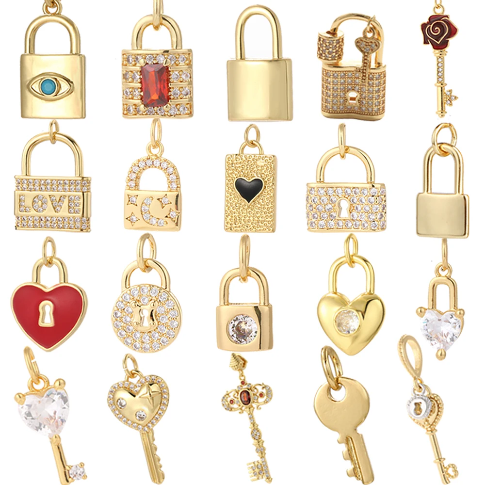 Cute Heart Key Lock Charms for Jewelry Making Supplies Accessories Diy Necklace Bracelet Jewelry Charm Copper CZ Zircon Pendant