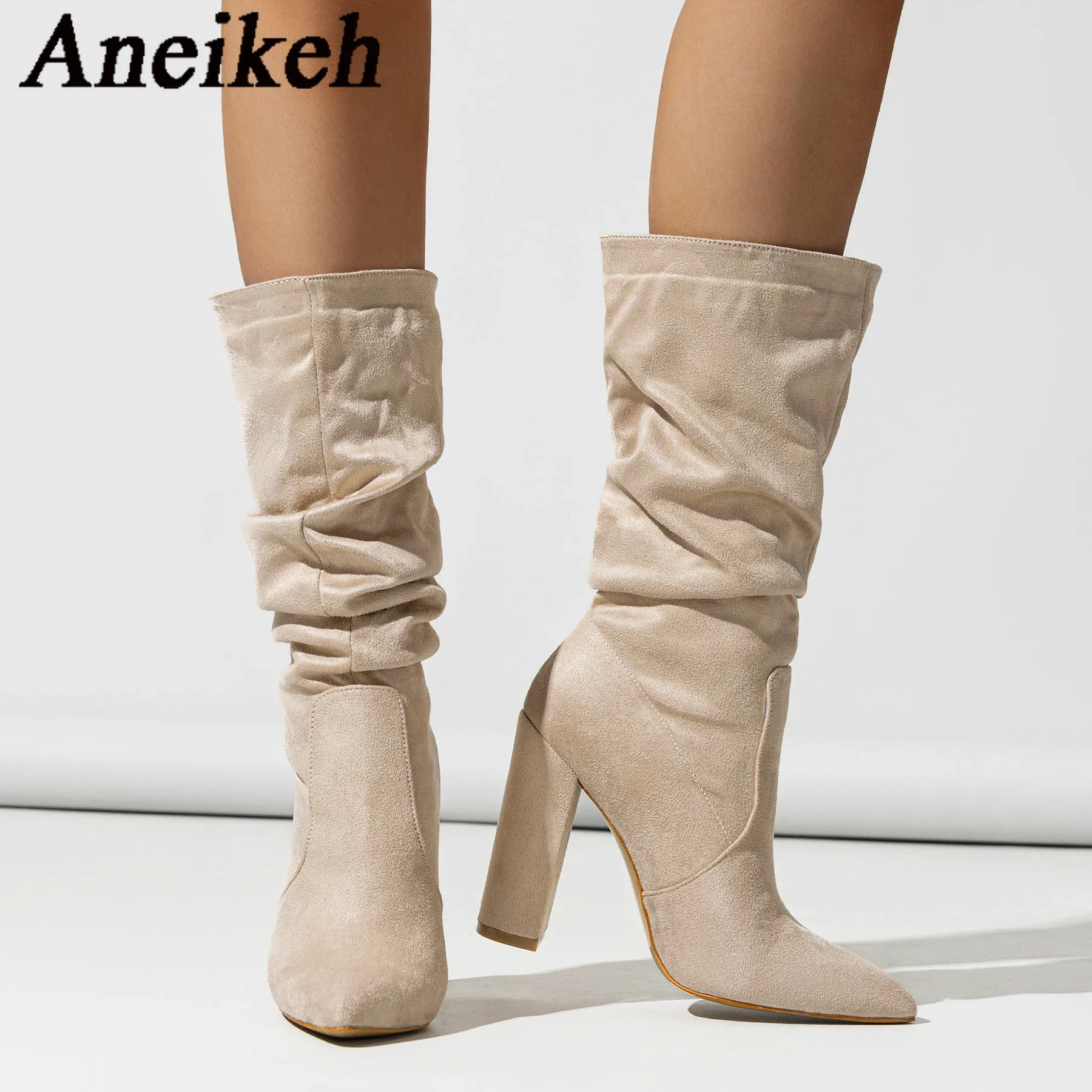 Aneikeh Lente Herfst Dames Dikke Hak Laarzen Gevouwen Elastische Doek Puntige Kleine En Middelgrote Kuit Laarzen Botas Femininas