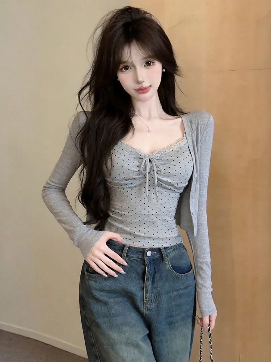 Polka Dot Long Sleeve Camisole Tank Top Set Women's Fashion Korean Style Versatile Base Layer Vest with Chest Pad Two Piece Set