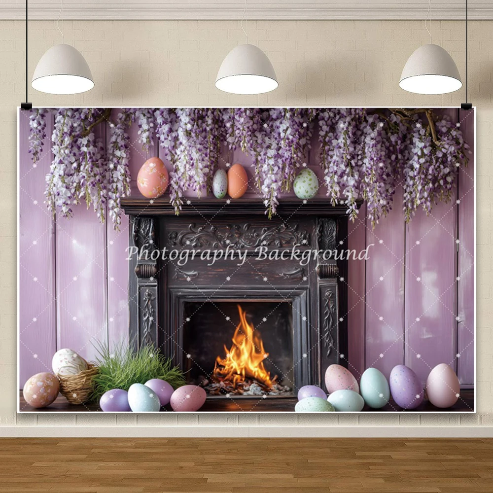 خلفية تصوير لحفلات عيد الفصح الربيعية، بيض ملون، لافندر أرجواني، غرفة مدفأة زهرة، خلفية للحفلات، استوديو الصور
