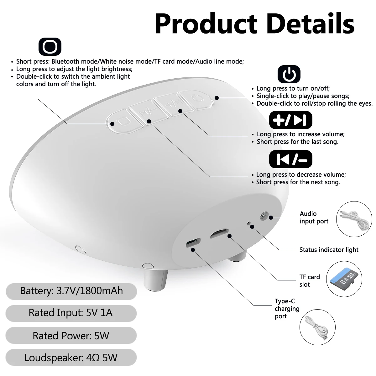 Alto-falante Bluetooth 2 em 1 em forma de olho Gerador de ruído branco com luz noturna LED colorida 4 modos Bateria de 1800mAh Ideal para relaxar