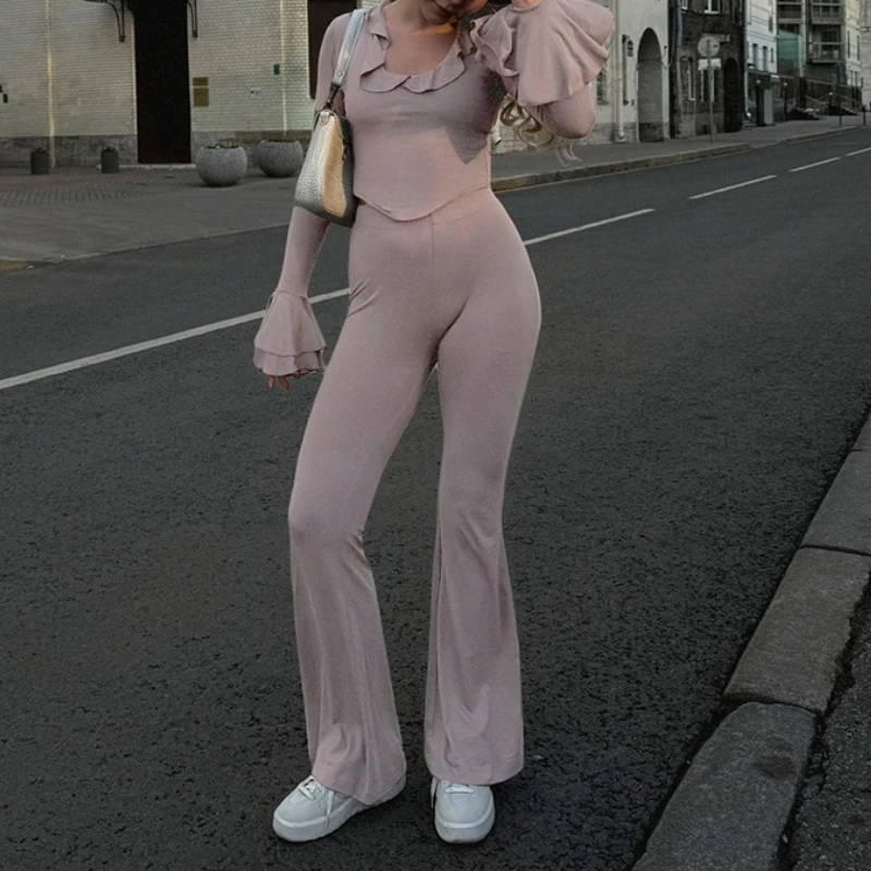 

2025 Summer and Autumn Women's Lace Long Sleeve High Waist Slight Pants Casual Women's Suit