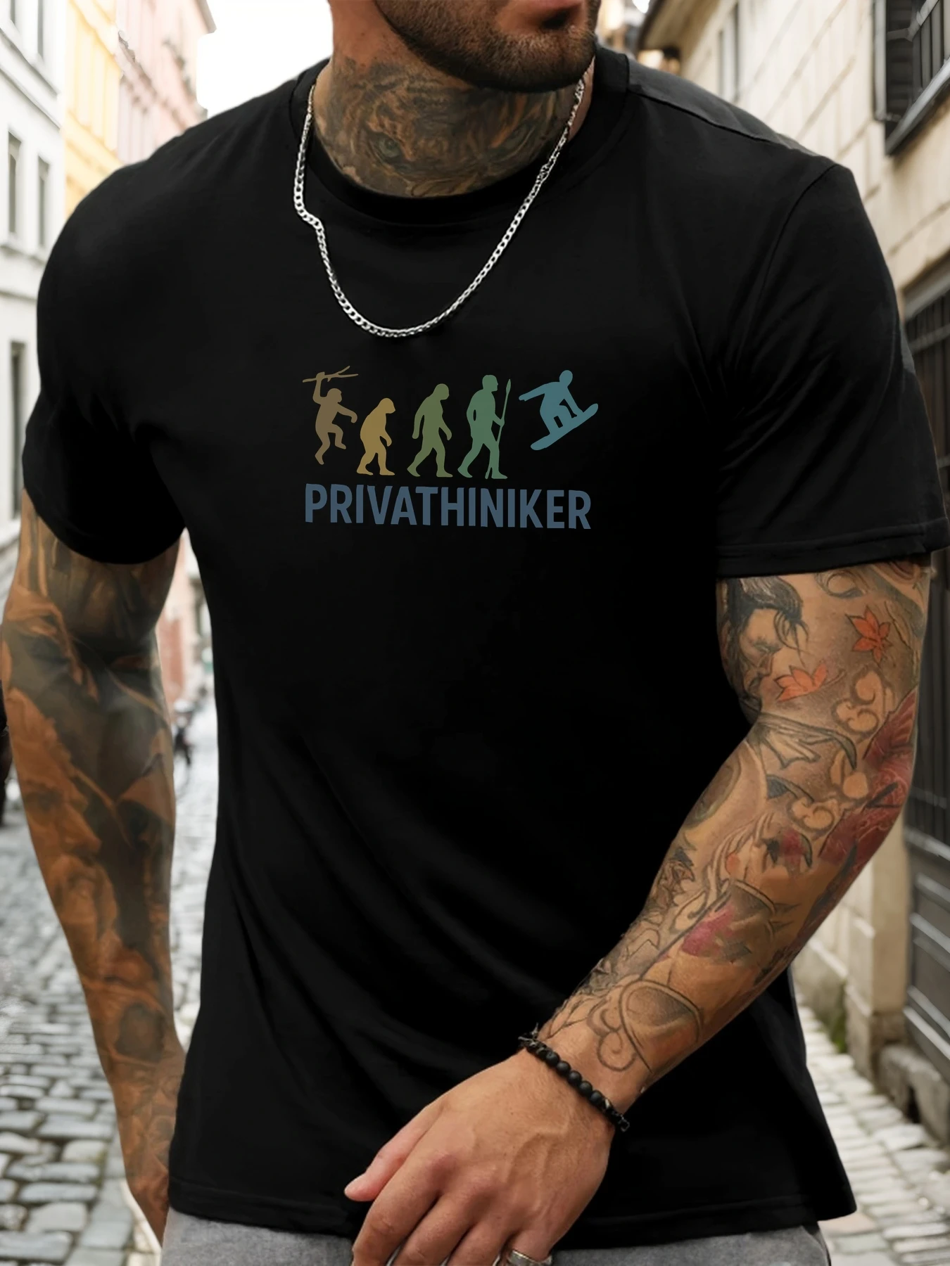 

Men's 100% Cotton T-Shirt Evolution Ski Print Graphic round Neck Lightweight Short Sleeve Casual Streetwear by PRIVATHINIKER