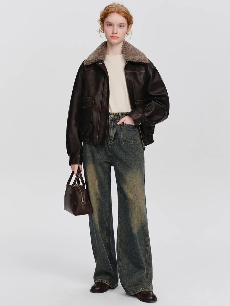 Retro Brown PU Leather Jaet Women's Motorcycle Jaet Small Size  plus Commute Sle Loose Fit Water Waed Leather