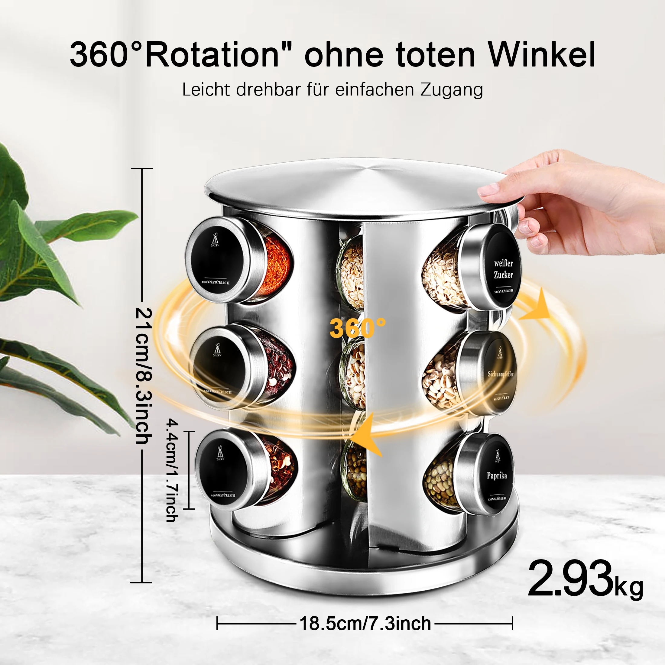SIAZIH Drehbares Gewürzregal-Set mit 12/20 luftdichten 100ml Gewürzgläsern aus Glas mit Deckeln und Etiketten 360 ° Edelstahl-Gewürzorganizer für die Küchenarbeitsplatte, Gewürzhalter, Küchenlagerung & -organisation | Küchenregal | Gewürz-Organizer – Detail 4