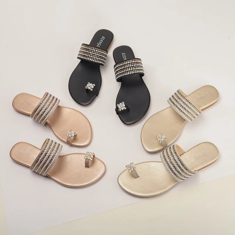 New 2024 Seaside Roman Sandals Flip Flops For Women Summer Slippers Buckle Little Bee Clip And Diamond Beach Strap Slippers