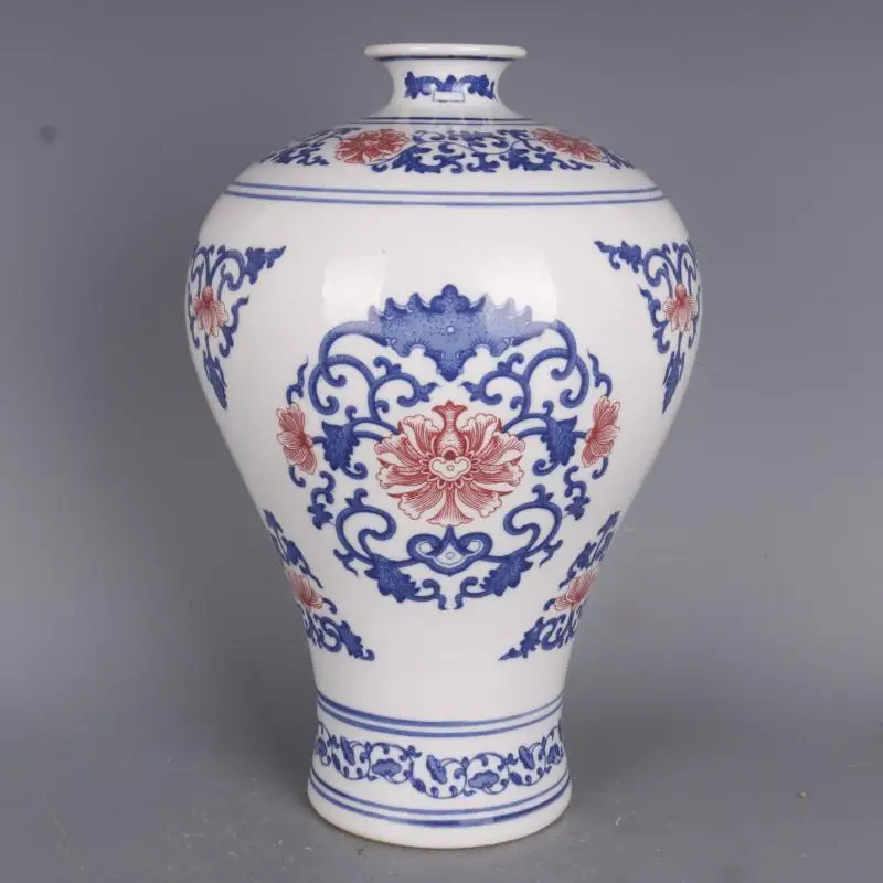 Chinese Qing Qianlong Blue and White Porcelain Red Lotus Pattern Vase 11.9 inch
