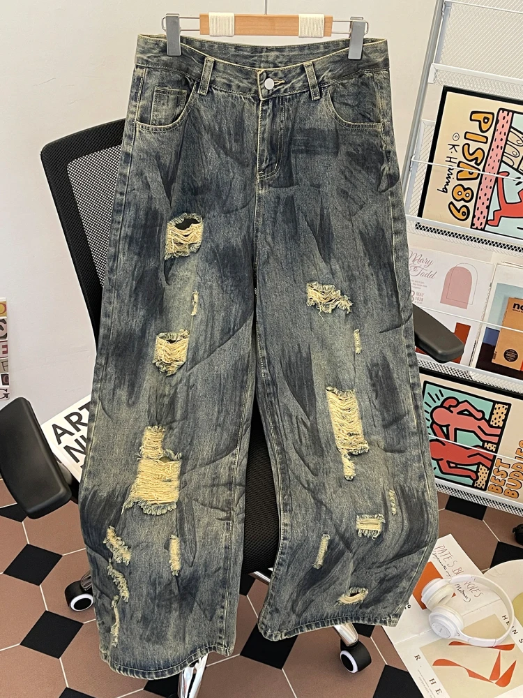 

Летние тонкие прямые джинсы мужские винтажные в американском стиле High Street с эффектом потертости и прорезями, брюки в стиле хип-хоп с низкой посадкой на молнии
