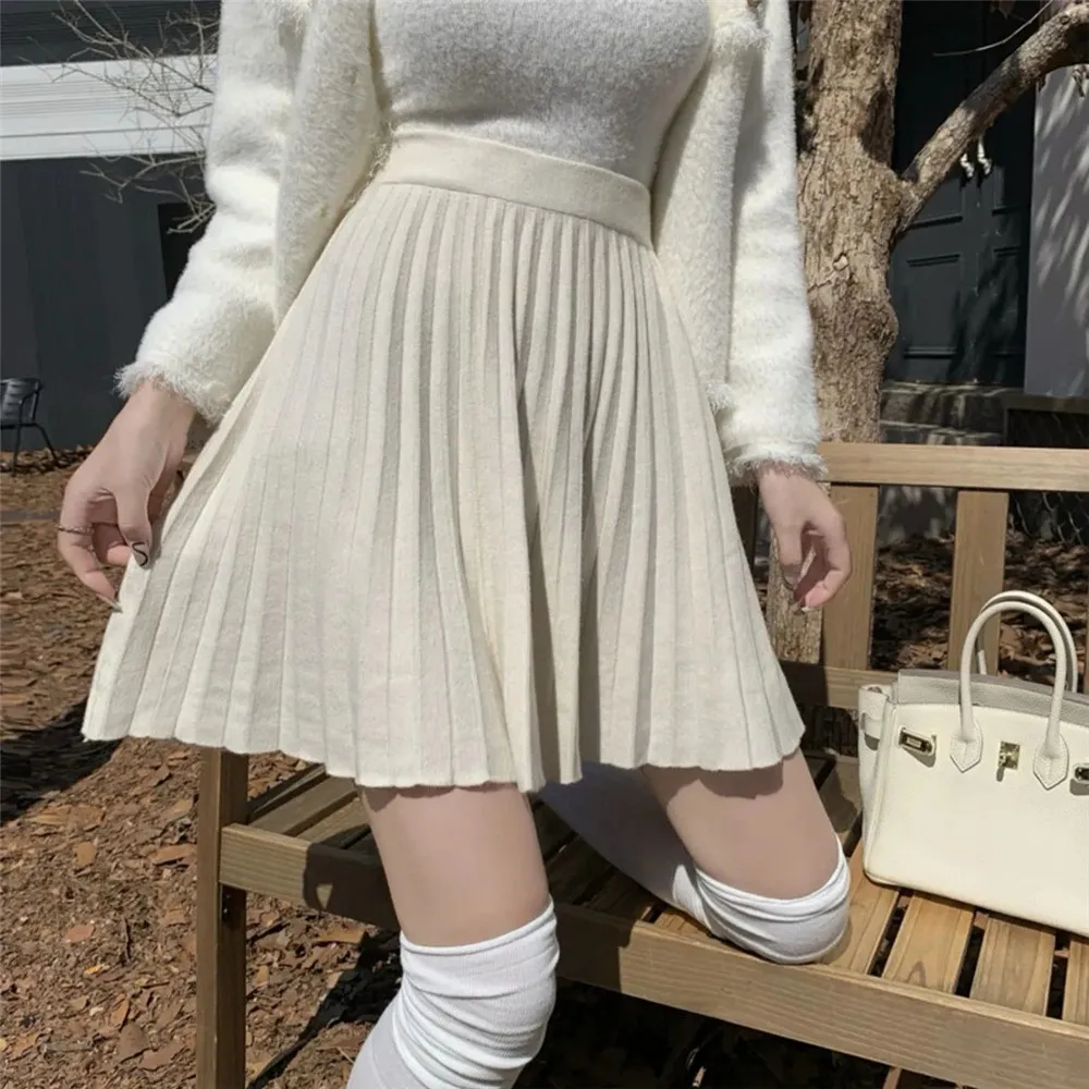 

Mini Pleated Soft Skirts Women Gentle Preppy Style Autumn Knit Cozy Leisure Girlish Sweet Vintage Solid High Waist Elastic Ins