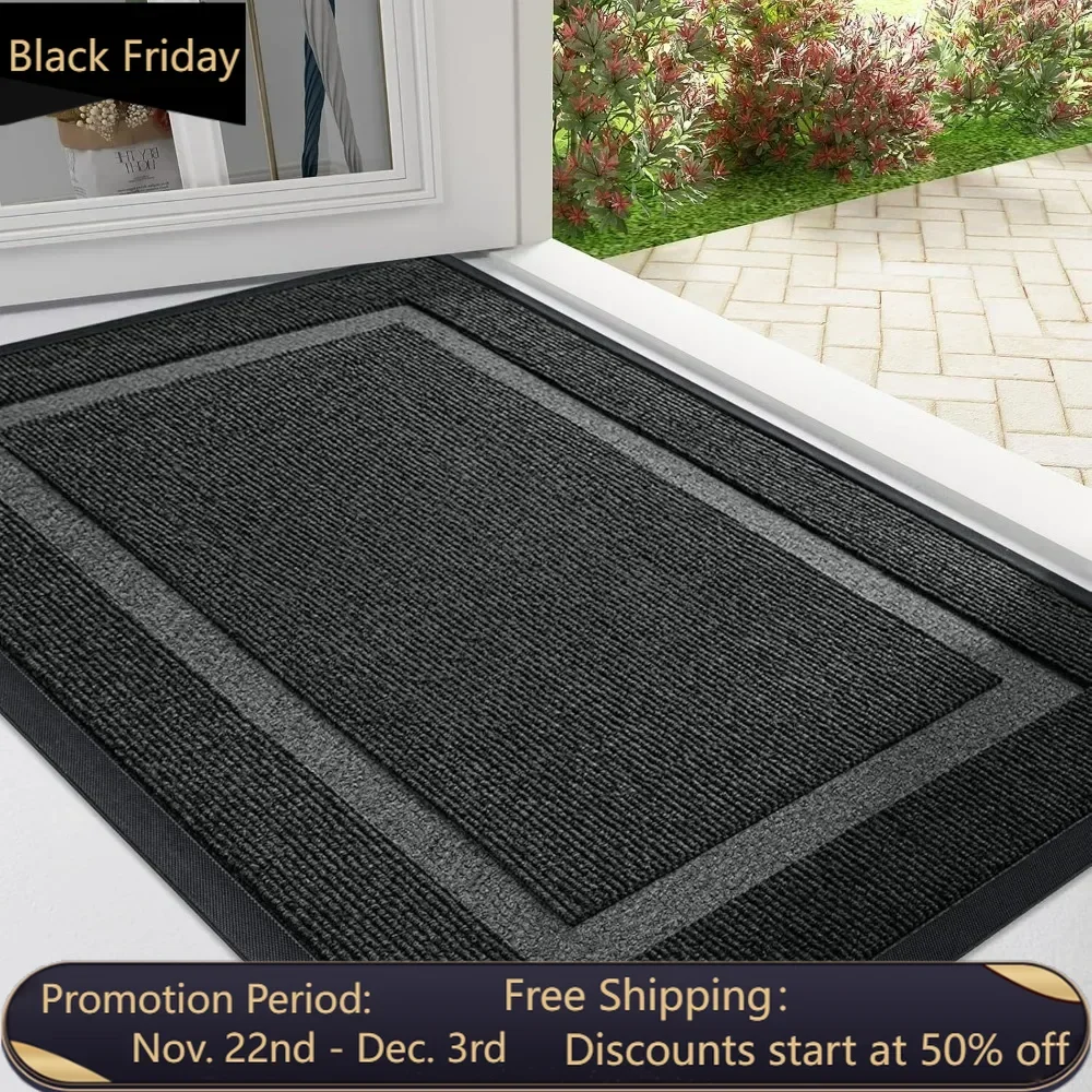 

Front door mat for indoor and outdoor entrances, waterproof all season, sturdy natural rubber, fade resistant, 47x32, black