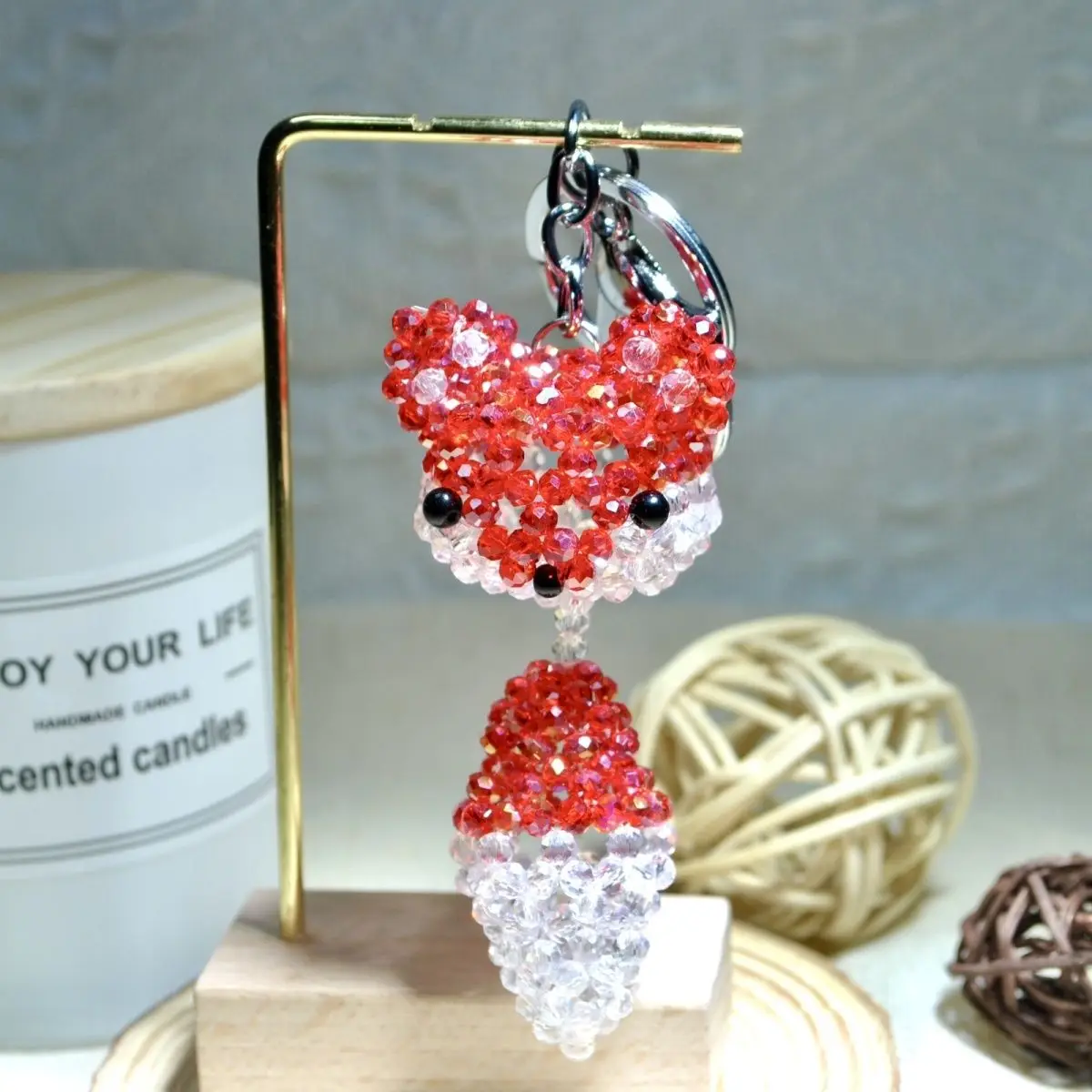 Beautiful Cute Red Fox Pure Hand Woven Austrian Crystal Key Chain Bag Hanging Accessories Shining  Girl Birthday Gift 1PC