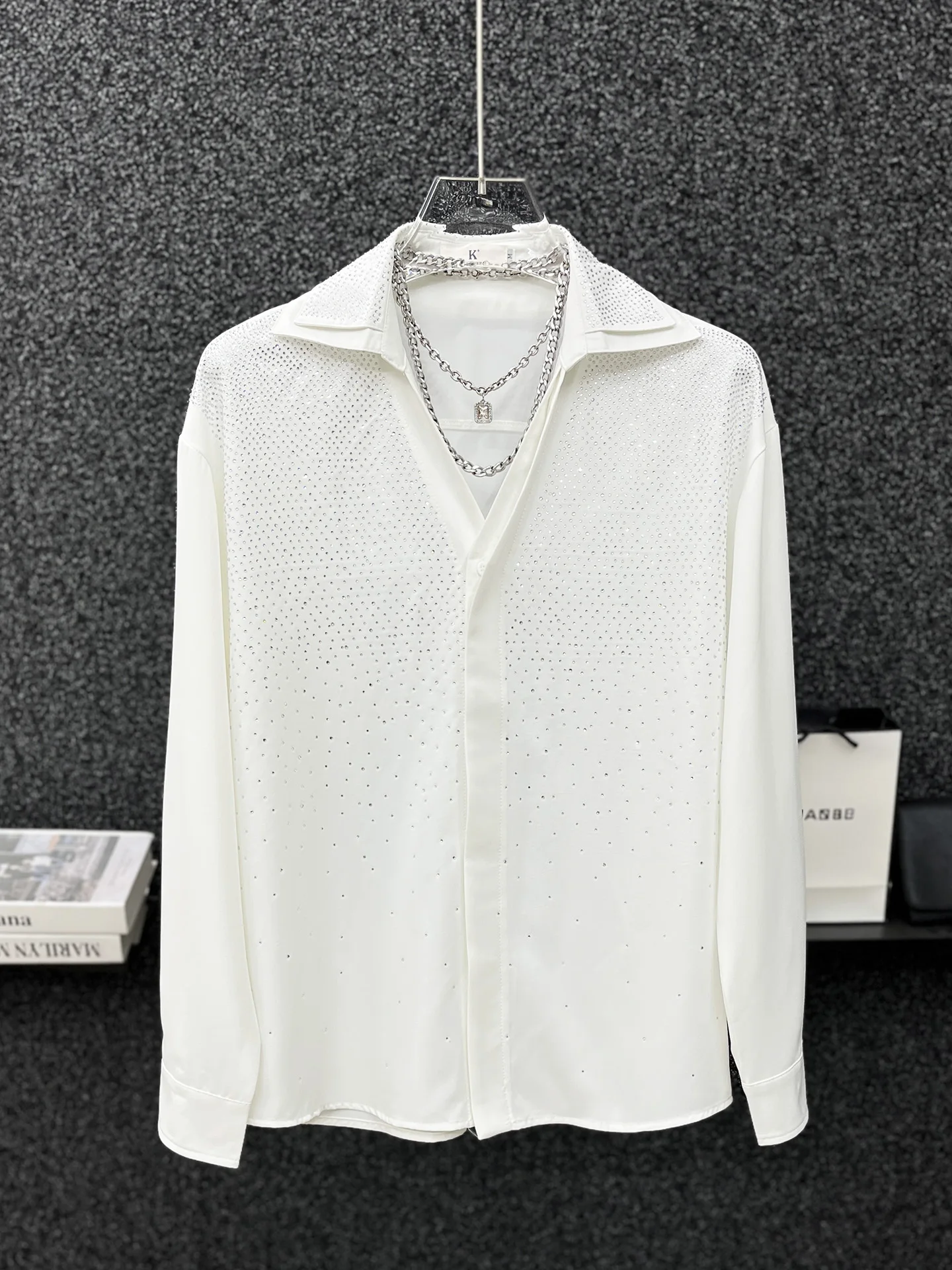 Korean Version of High-end Heavy Industry Hot Diamond Long-sleeved Shirt Handsome Man Versatile Fashion Trend Casual Loose Shirt