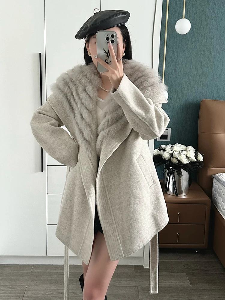 2025 New Autumn Winter Fox Fur Woolen Coat Real Fox Fur Jacket Female Double-sided Cashmere Coat Women
