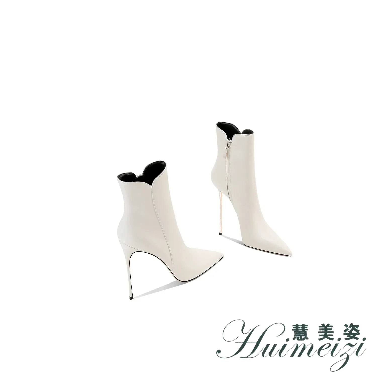 HMZ white Leather Boots Women's Medium Boots 2027 Winter New Pointed Stiletto High Heels