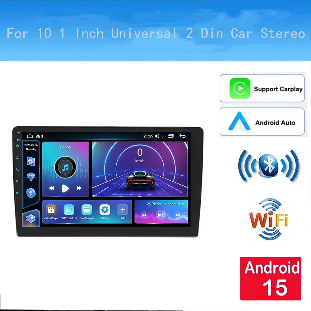 4+64G Android 15 Autoradio Multimedia-Navigation für 10,1 Zoll Universal 2 Din Autoradio mit CarPlay Android Auto GPS WiFi Bluetooth SWC