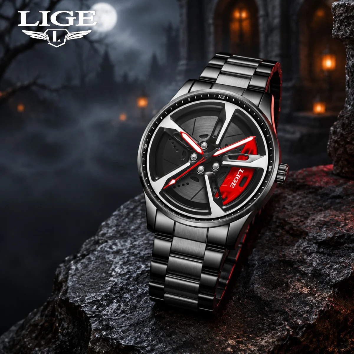 LIGE 2026 Quartz Man Watch Creative Rotating Wheel Dial Casual Sports Waterproof Luminous Hollow Watches for Men Halloween Gifts