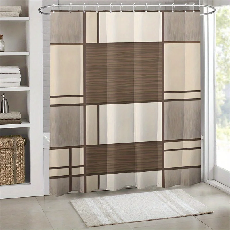 1pc Brown and Beige Checkered Print Polyester Shower Curtain, Bathroom Decor & Accessories, Printed Room Divider for Home Decora