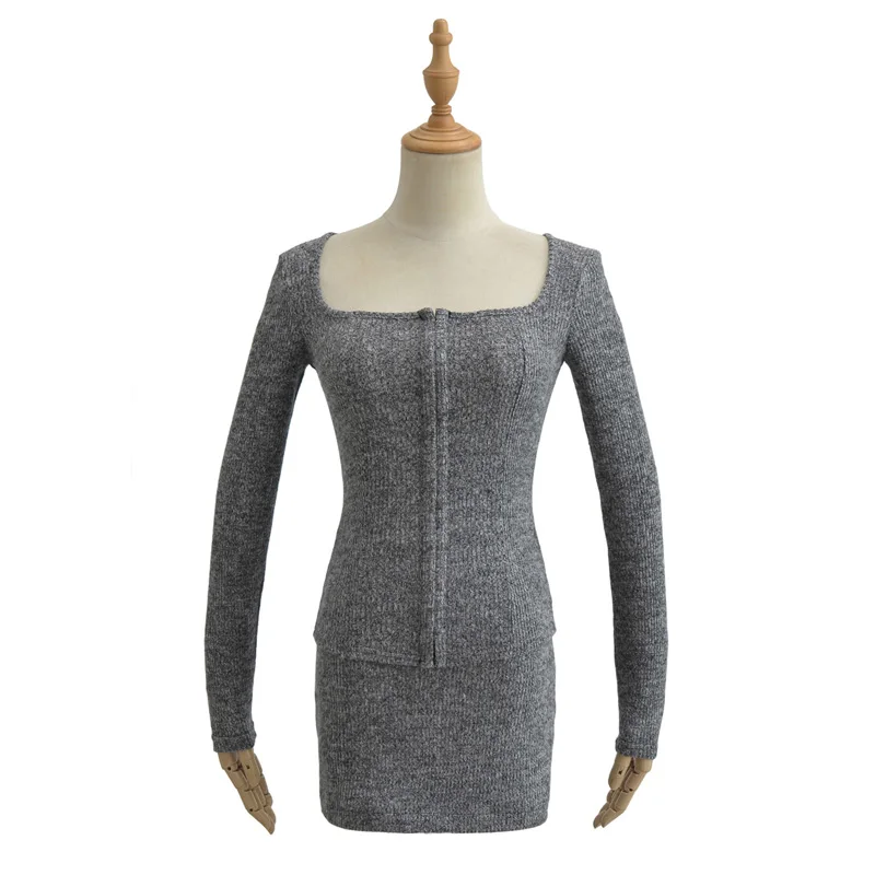 Ribbed Cardigan and Mini Skirt for Women, Square Neck, Hook and Eye, 2 Pieces Co-ord