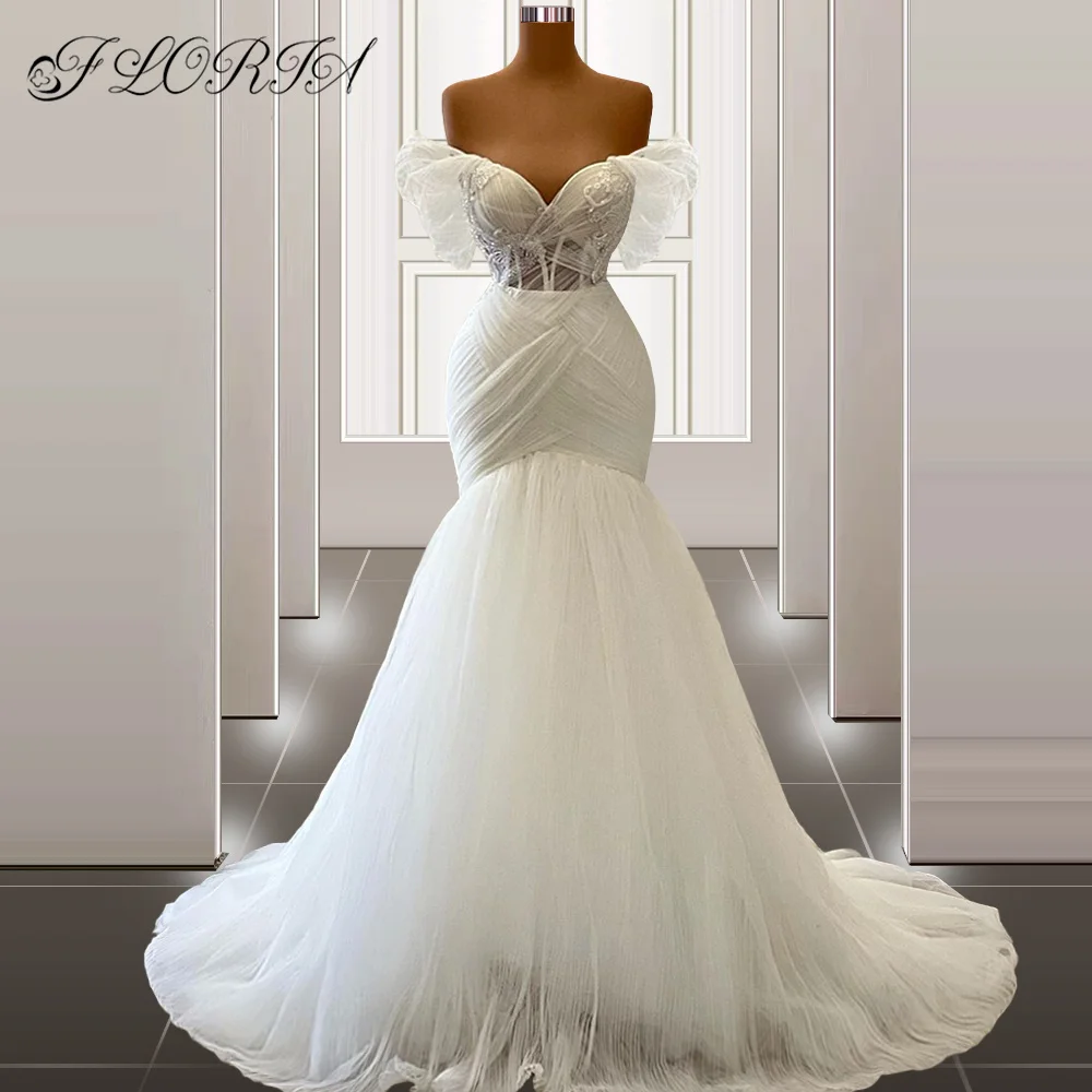 Charming Ivory Mermaid Wedding Dress vestidos largos Off the Shoulder Pretty Tulle Beaded Bridal Dresses robe de mariée rouge