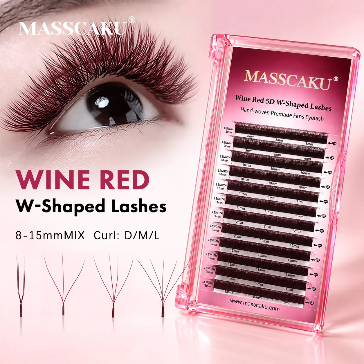 MASSCAKU Burgundy 3D/4D/5D W Shape Wine Red Natural Soft Light Hand Woven Fans Automatic Flower False Eyelashes Extensions