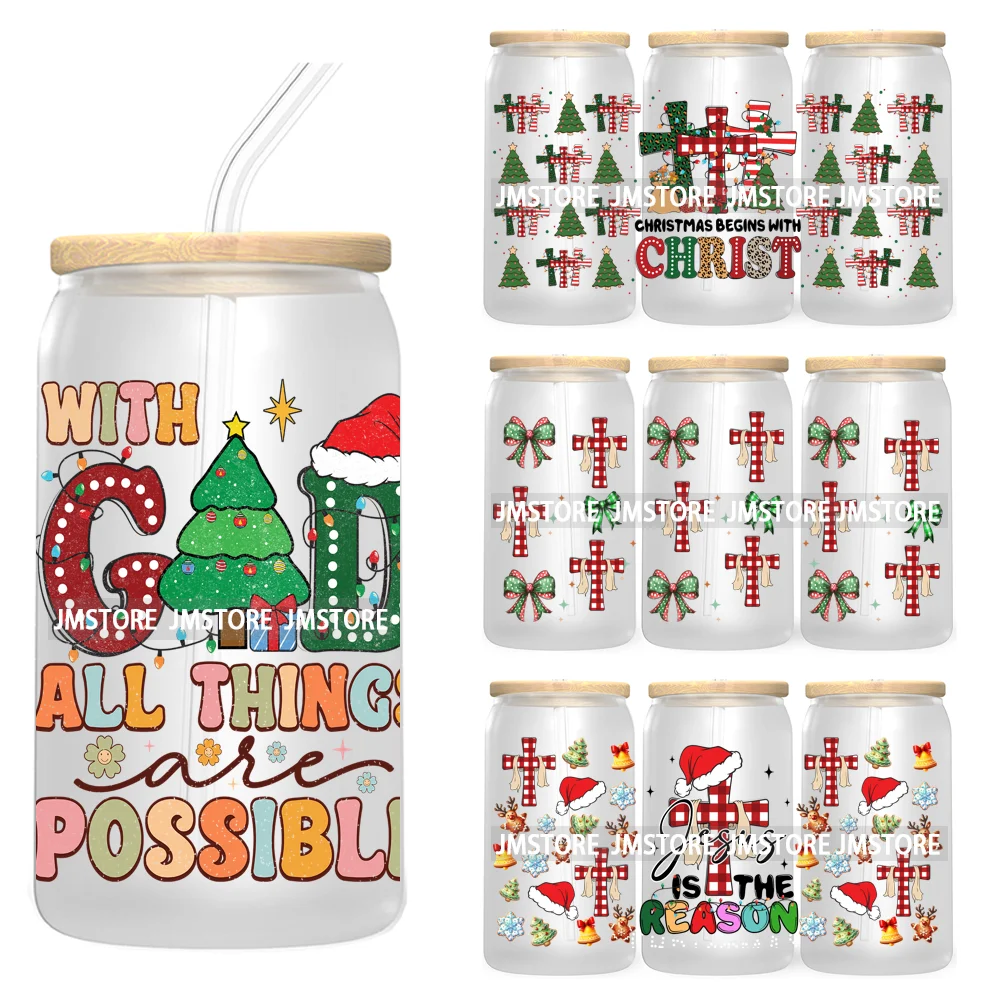 

Religious Jesus Christmas UV DTF Cup Wrap For Libbey Glass Can Transfer Stickers Waterproof Custom Labels Christian Cross Bow